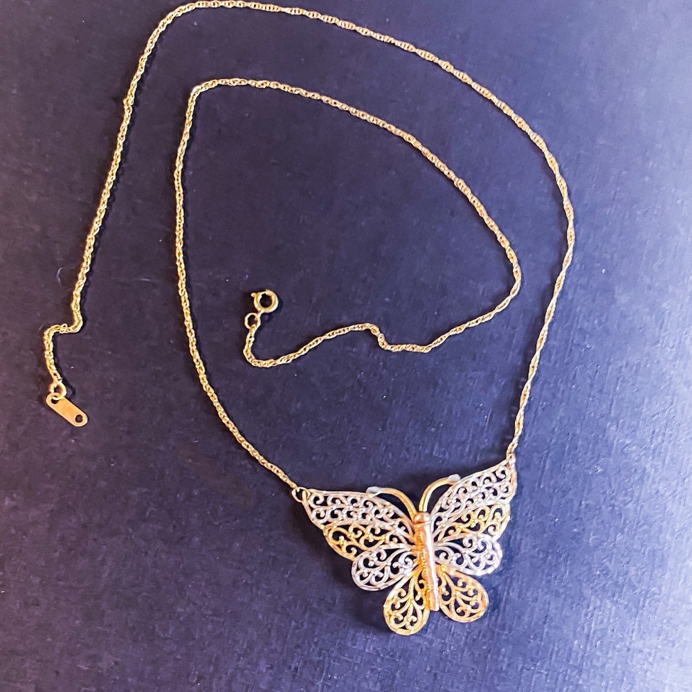 Filigree Tri-Gold Butterfly on attached Gold Chain. Each side of chain is 8"